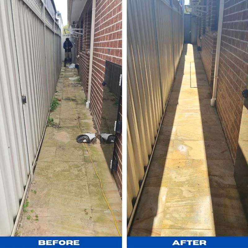 Before and after of a pressure wash.