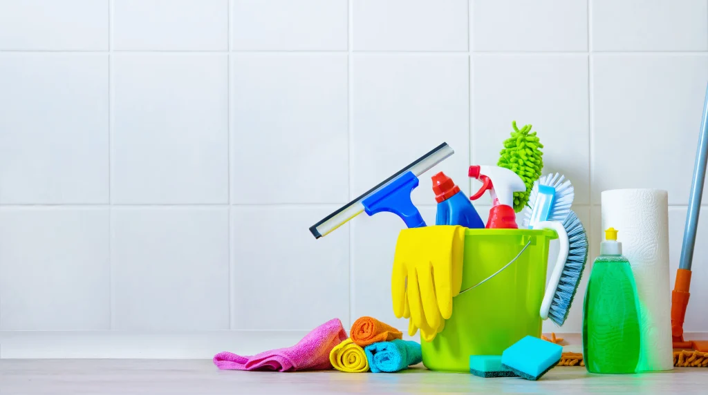 Cleaning supplies for removing mold in bathroom.