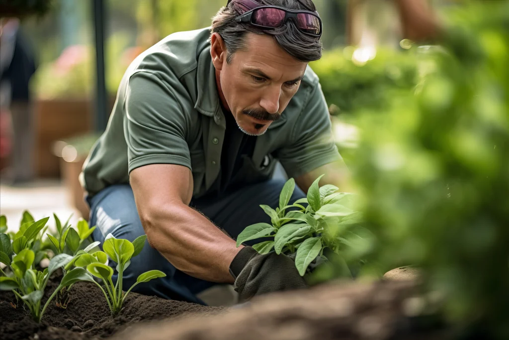 Man doing maintenance for his vegetable garden.