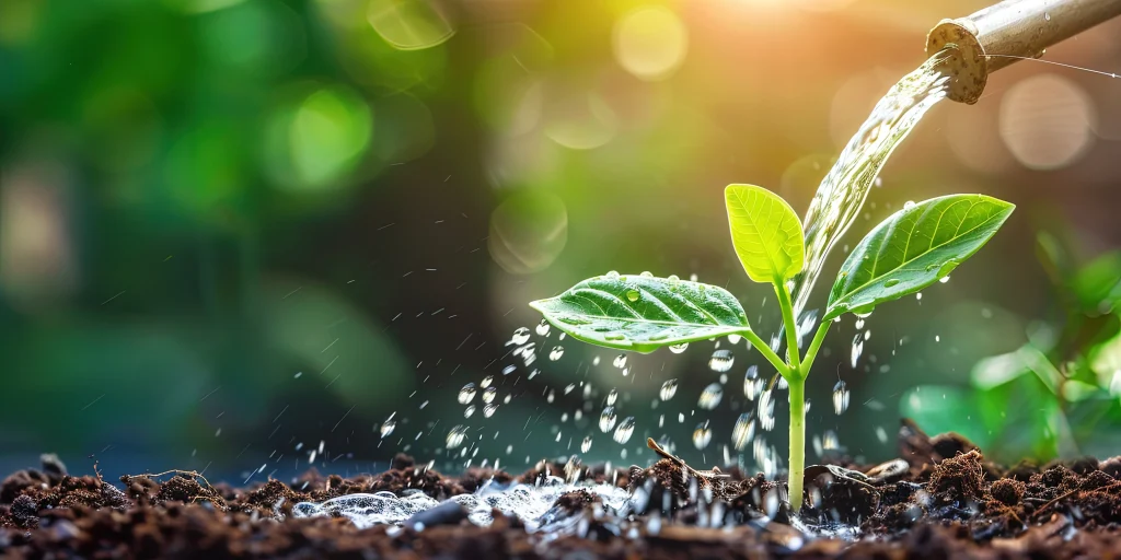 Green plant in garden being watered.