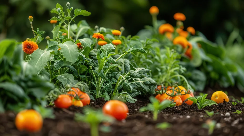 Vegetables growing in garden.