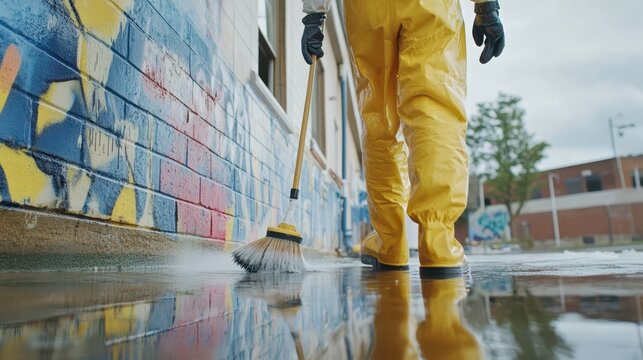 Professional graffiti cleaning in Melbourne, featuring a worker in protective gear scrubbing a graffiti-covered wall.