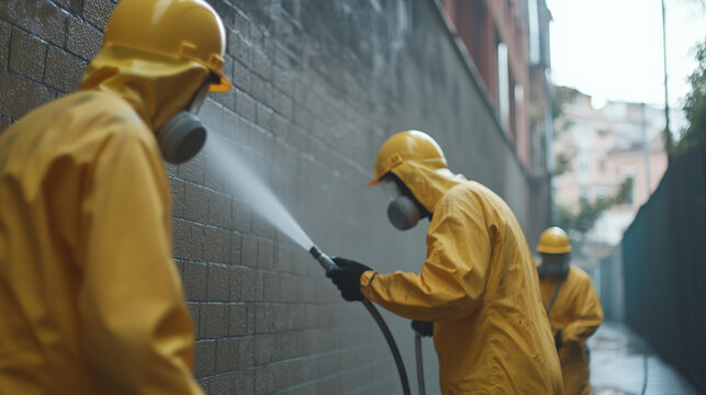 Team of professionals in Melbourne performing graffiti removal on a brick wall using high-pressure cleaning equipment