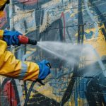 High-pressure graffiti removal in Melbourne performed by a professional wearing protective gear.