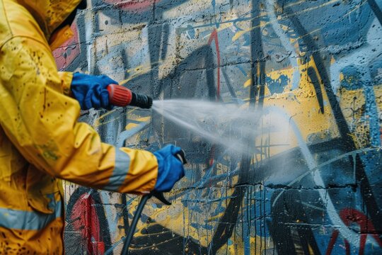 High-pressure graffiti removal in Melbourne performed by a professional wearing protective gear.