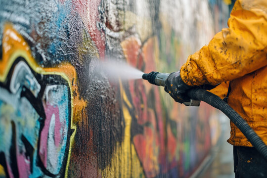 Professional graffiti removal in Melbourne using high-pressure cleaning on a colorful graffiti-covered wall.