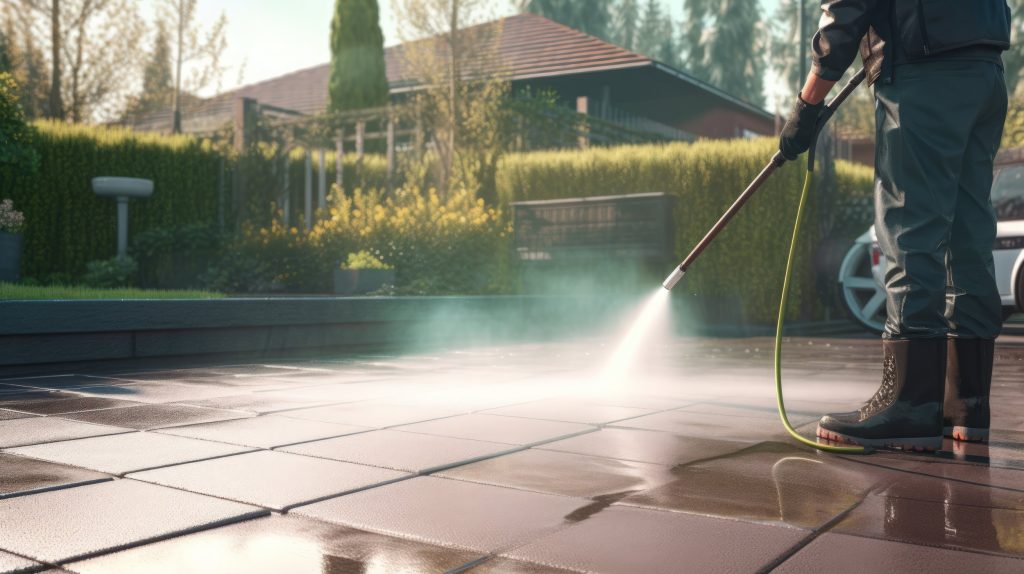 Professional driveway cleaning in Melbourne with high-pressure washing removing dirt, stains, and moss.