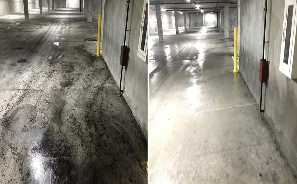 Before and after comparison of car park cleaning in Melbourne showing a spotless transformation