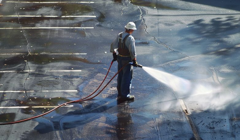 Worker using a high-pressure washer for car park cleaning in Melbourne