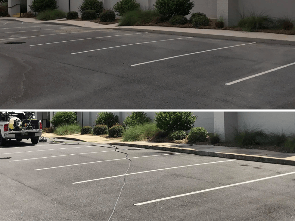 Before and after images of a cleaned car park showcasing Zintra Group’s expertise in Melbourne