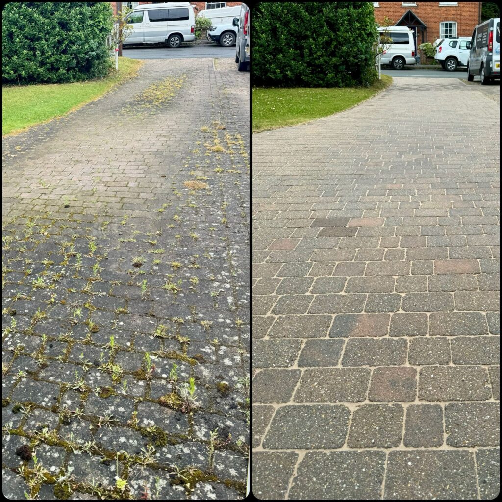 Professional driveway cleaning in Melbourne using high-pressure washing to remove stains and dirt.