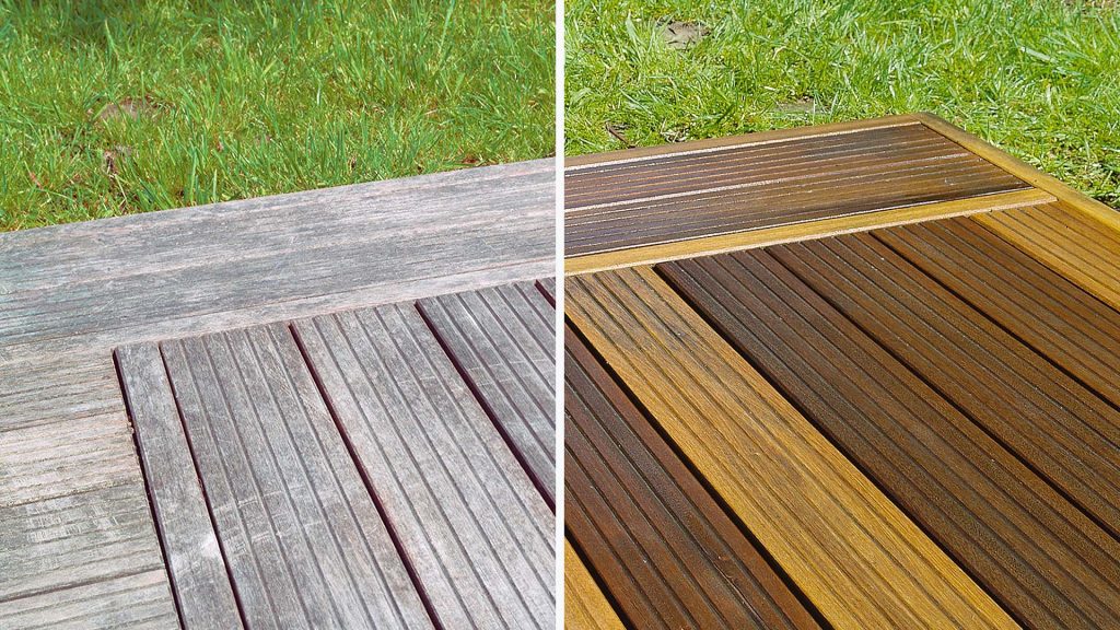 Side-by-side comparison of a wooden deck before and after professional cleaning, showcasing restored color and texture.