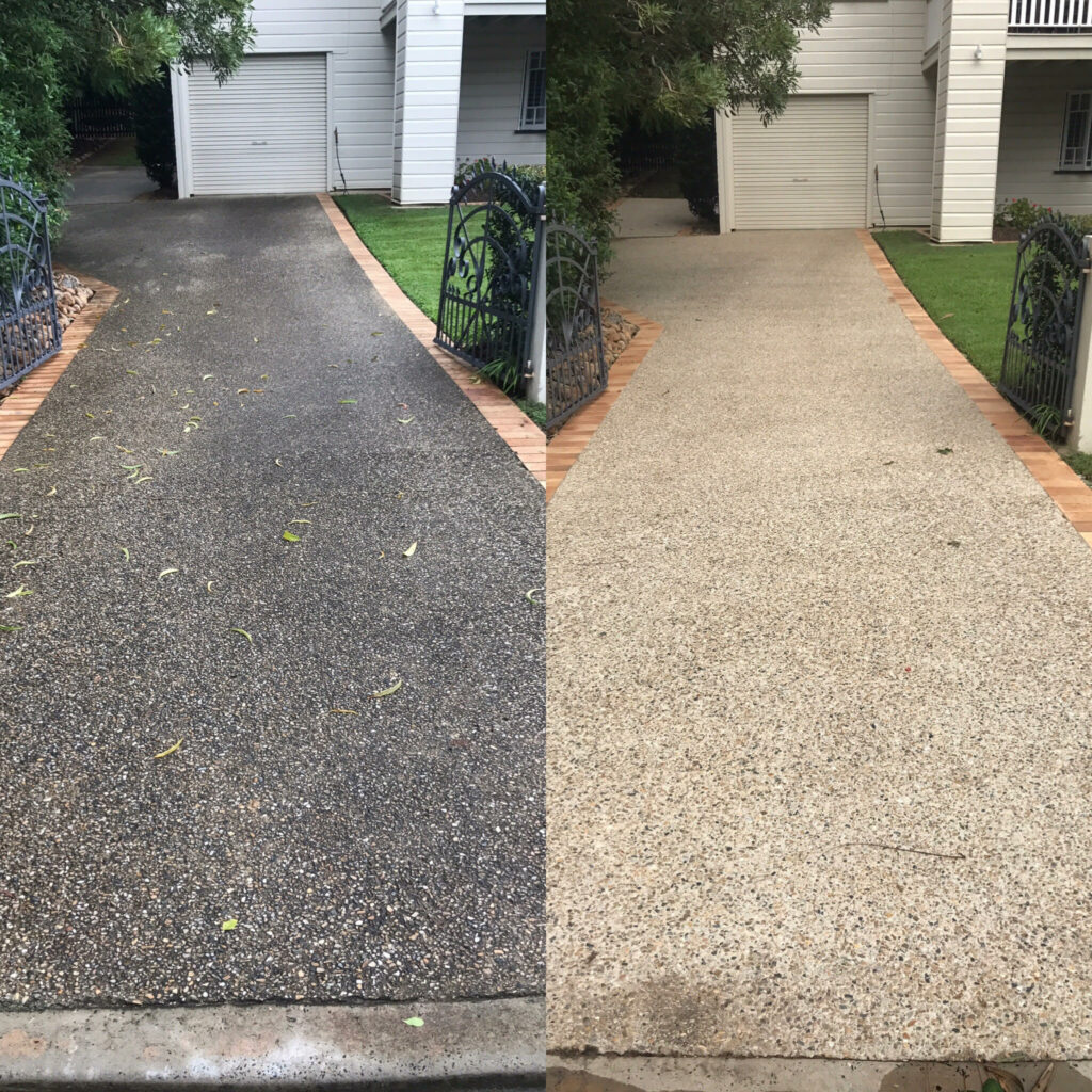 Professional pressure washing in Melbourne cleaning a large paved driveway, removing dirt and grime.