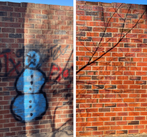 Before and after comparison of graffiti removal on a brick wall in Melbourne, showing restored cleanliness.