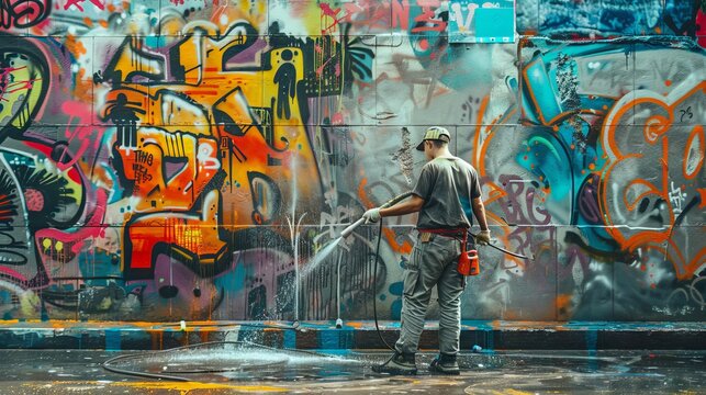 Professional graffiti removal in Melbourne using high-pressure cleaning equipment on a graffiti-covered wall.