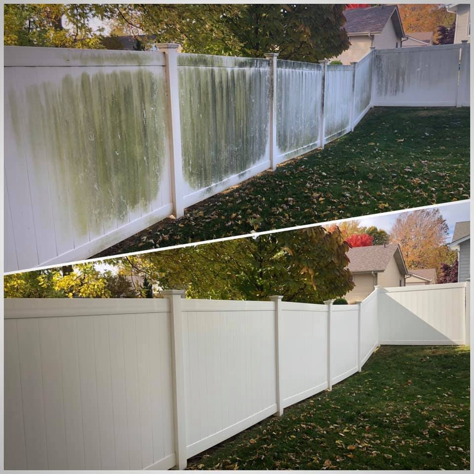 Before-and-after comparison of a white vinyl fence cleaned with professional fence cleaning services in Melbourne.