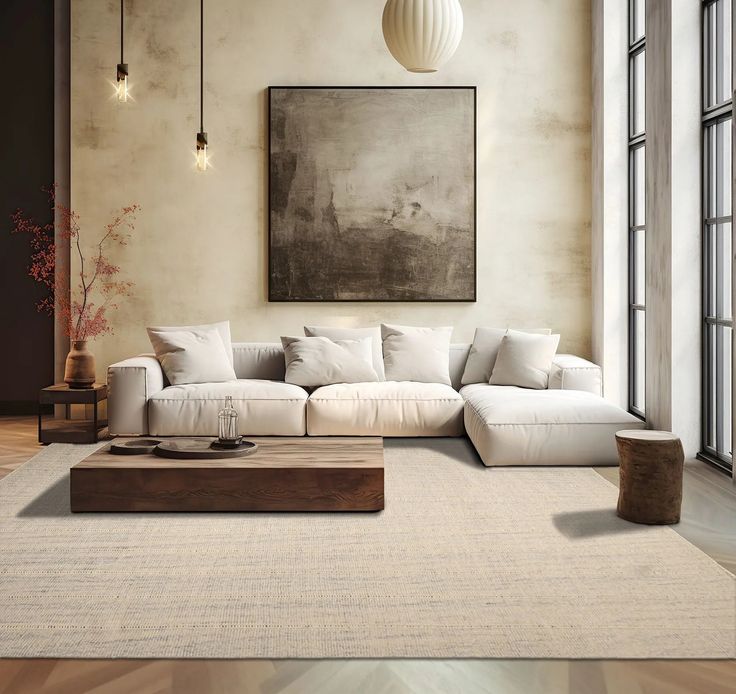 Modern living room with a white sectional sofa, minimalist wooden coffee table, textured wall art, and large windows.