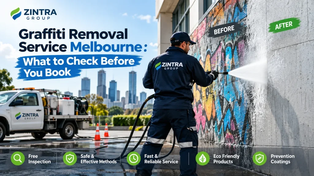 Graffiti removal service in Melbourne pressure washing a commercial wall