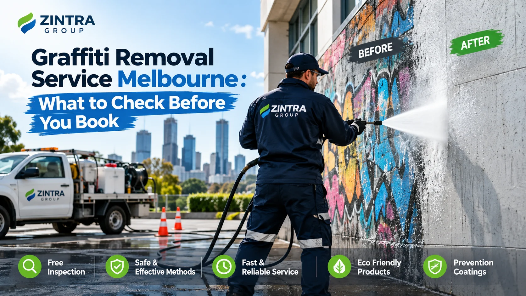 Graffiti removal service in Melbourne pressure washing a commercial wall