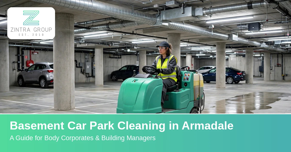 Basement car park cleaning in Armadale with a Zintra ride-on scrubber in a residential basement car park