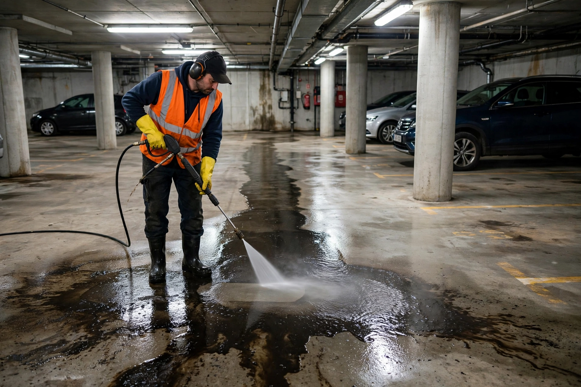 Pressure washing removing oil stains from a basement car park floor in Armadale, Melbourne
