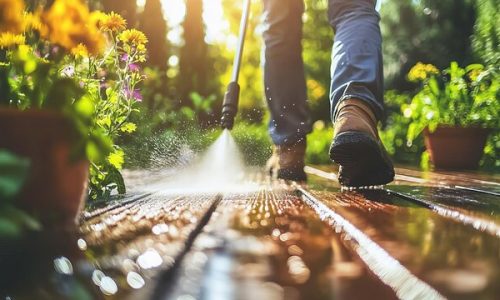 Worker pressure washing a wooden Decks Cleaning surrounded by vibrant garden plants in Melbourne.