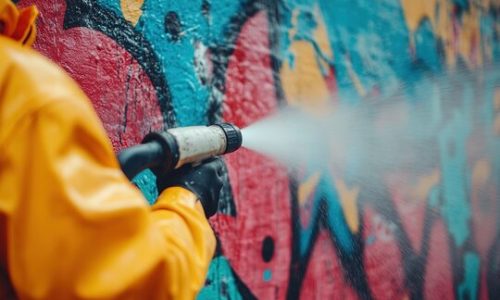 Close-up of professional graffiti cleaning in Melbourne using high-pressure water spray on a colorful wall.