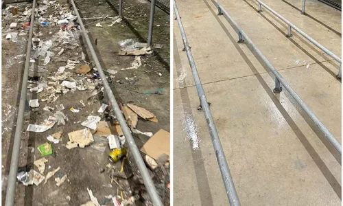 Pressure washing before and after for a trolley parking bay.