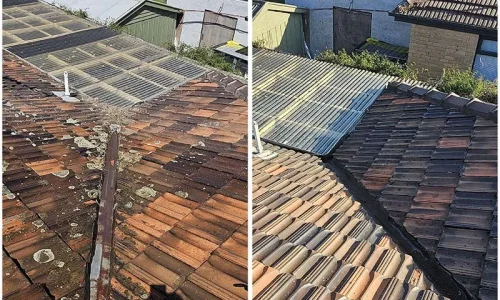 Before and after a pressure wash on a house's roof.