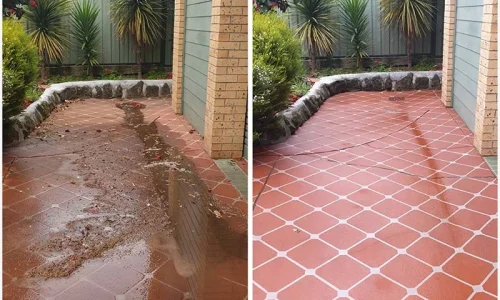 Before and after of a pressure washing job on a house.