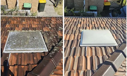 Before and after of a pressure wash on a house roof.