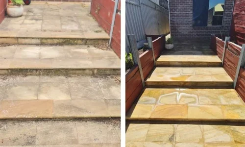 Before and after of a pressure wash job on a house's outside stairs.